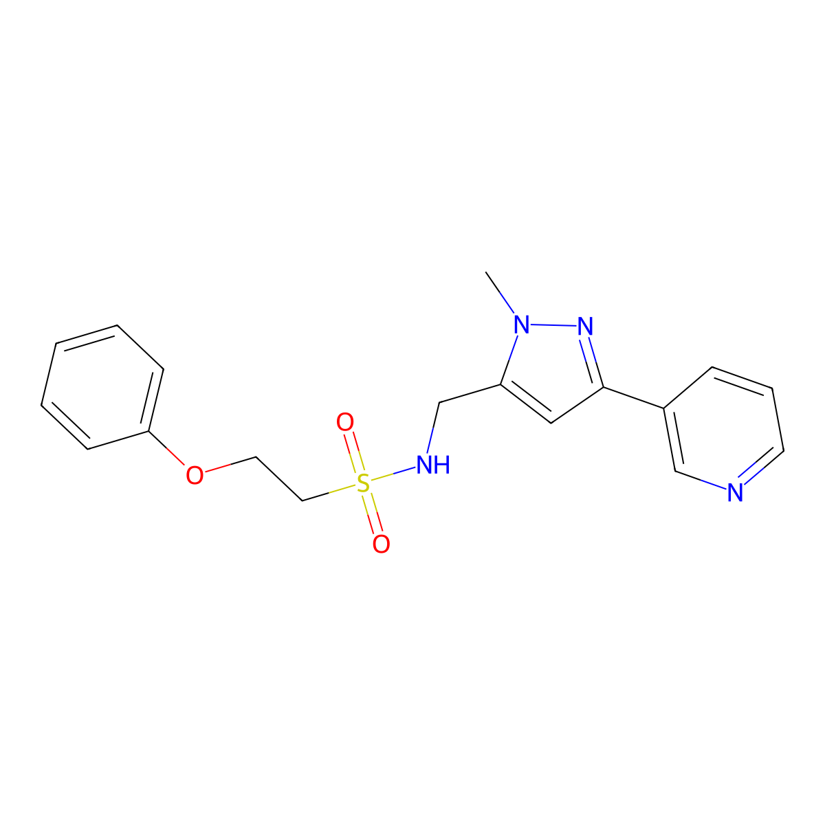 N-((1-methyl-3-(pyridin-3-yl)-1H-pyrazol-5-yl)methyl)-2-phenoxyethanesulfonamide molecular structure, CAS 2034350-87-1