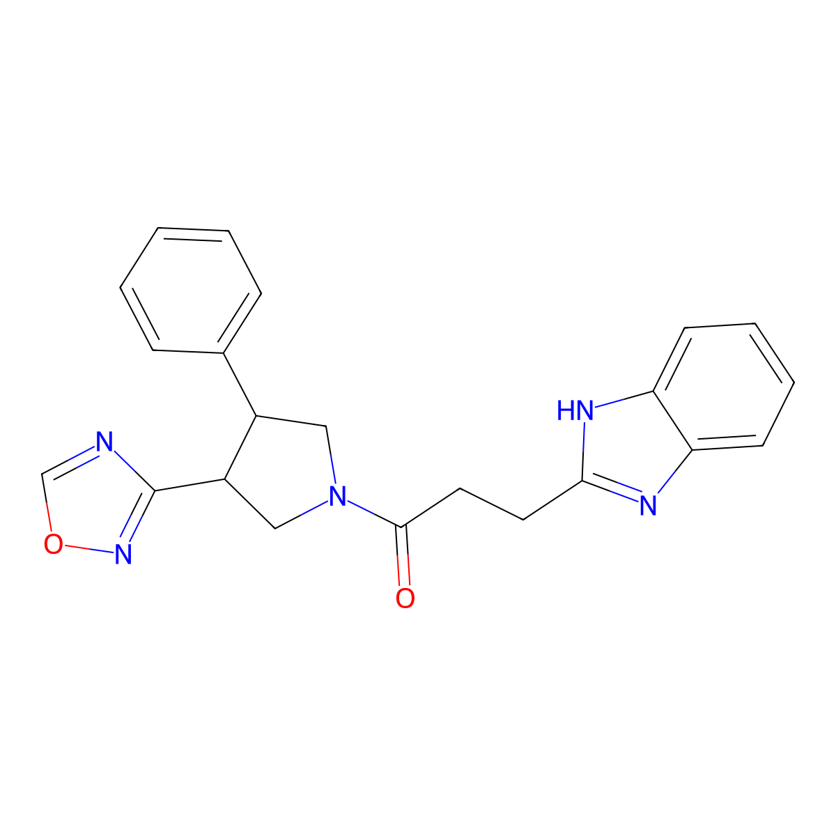1-(3-(1,2,4-oxadiazol-3-yl)-4-phenylpyrrolidin-1-yl)-3-(1H-benzo[d]imidazol-2-yl)propan-1-one molecular structure, CAS 2034350-94-0