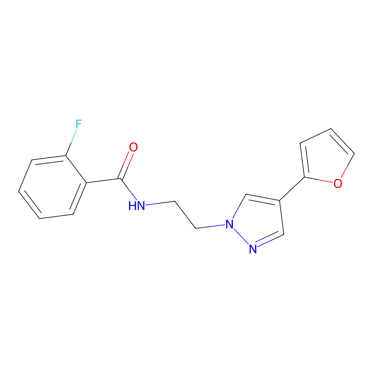2-fluoro-N-(2-(4-(furan-2-yl)-1H-pyrazol-1-yl)ethyl)benzamide molecular structure, CAS 2034351-03-4
