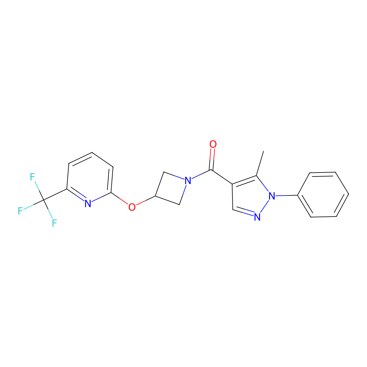 (5-methyl-1-phenyl-1H-pyrazol-4-yl)(3-((6-(trifluoromethyl)pyridin-2-yl)oxy)azetidin-1-yl)methanone molecular structure, CAS 2034351-12-5