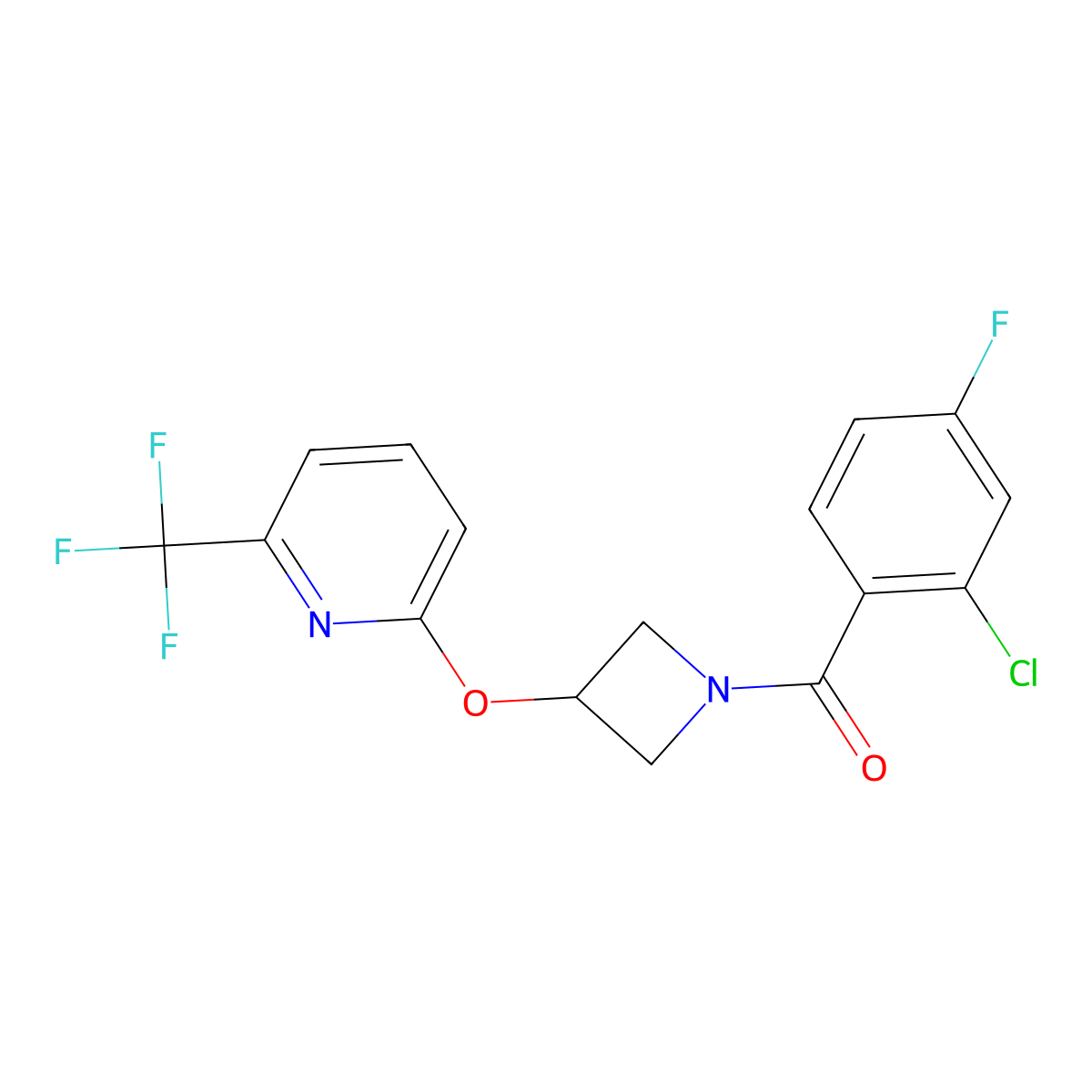 (2-Chloro-4-fluorophenyl)(3-((6-(trifluoromethyl)pyridin-2-yl)oxy)azetidin-1-yl)methanone molecular structure, CAS 2034351-16-9