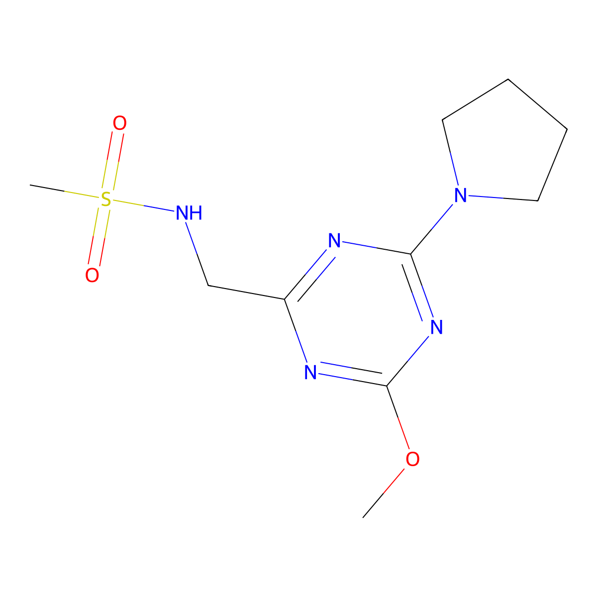 N-{[4-methoxy-6-(pyrrolidin-1-yl)-1,3,5-triazin-2-yl]methyl}methanesulfonamide molecular structure, CAS 2034351-34-1