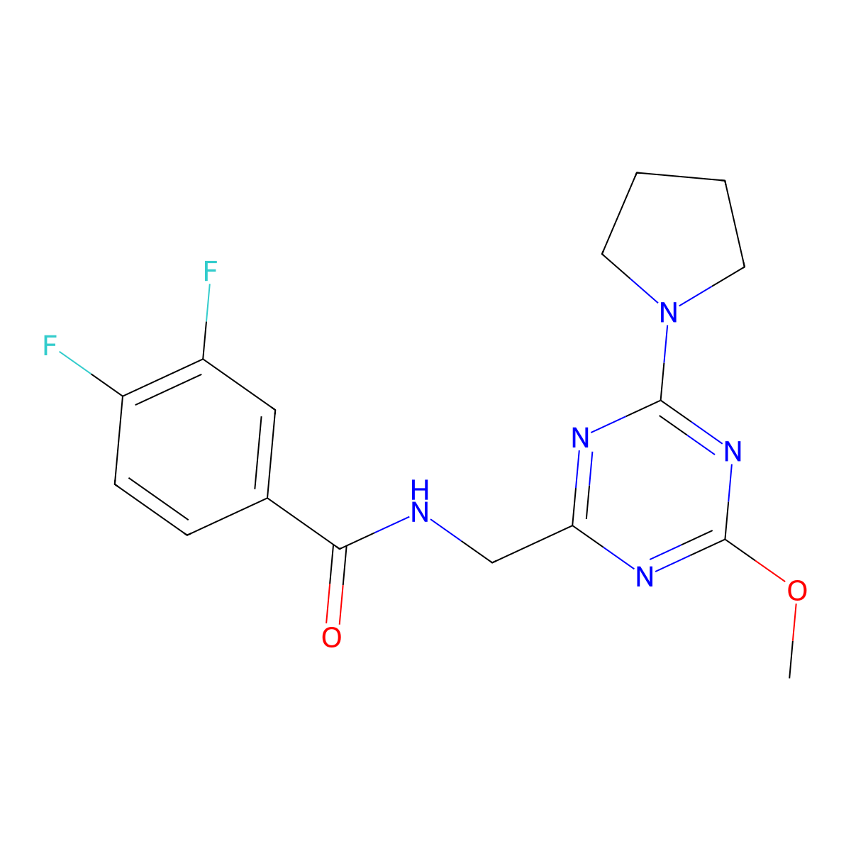 3,4-difluoro-N-((4-methoxy-6-(pyrrolidin-1-yl)-1,3,5-triazin-2-yl)methyl)benzamide molecular structure, CAS 2034351-42-1