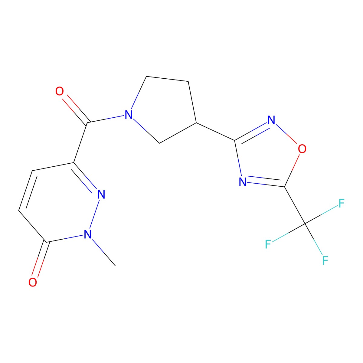 2-methyl-6-(3-(5-(trifluoromethyl)-1,2,4-oxadiazol-3-yl)pyrrolidine-1-carbonyl)pyridazin-3(2H)-one molecular structure, CAS 2034351-47-6