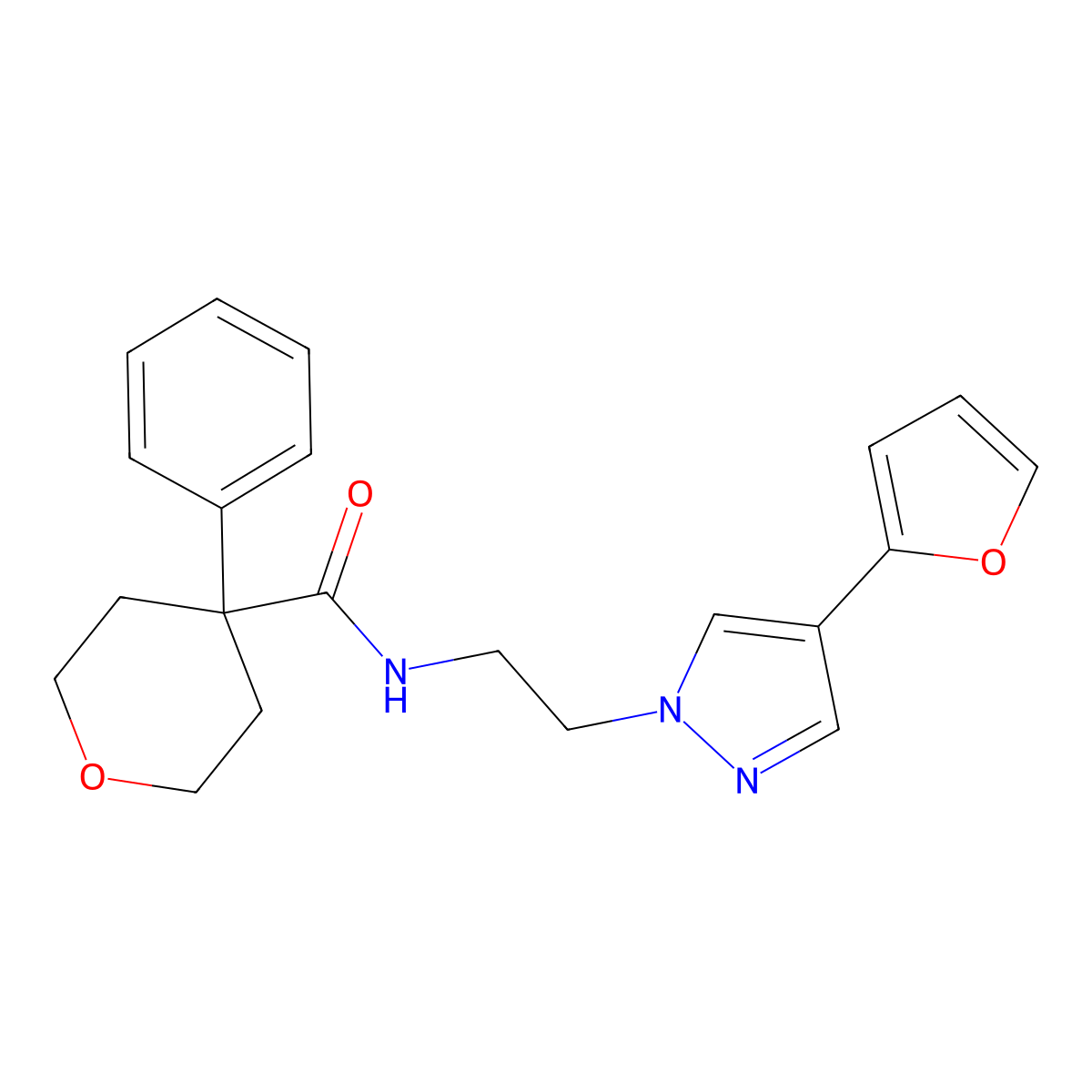 N-(2-(4-(furan-2-yl)-1H-pyrazol-1-yl)ethyl)-4-phenyltetrahydro-2H-pyran-4-carboxamide molecular structure, CAS 2034351-52-3