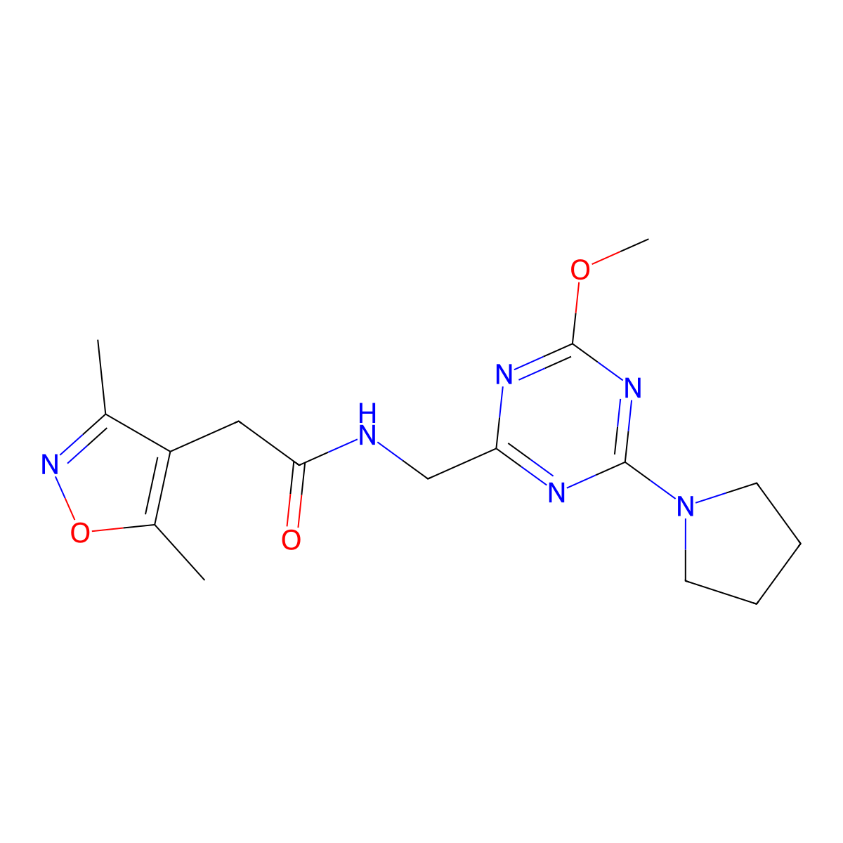 2-(3,5-dimethylisoxazol-4-yl)-N-((4-methoxy-6-(pyrrolidin-1-yl)-1,3,5-triazin-2-yl)methyl)acetamide molecular structure, CAS 2034351-68-1