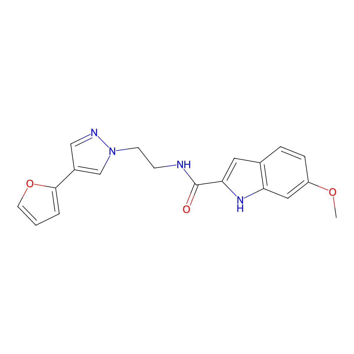 N-(2-(4-(furan-2-yl)-1H-pyrazol-1-yl)ethyl)-6-methoxy-1H-indole-2-carboxamide molecular structure, CAS 2034351-87-4