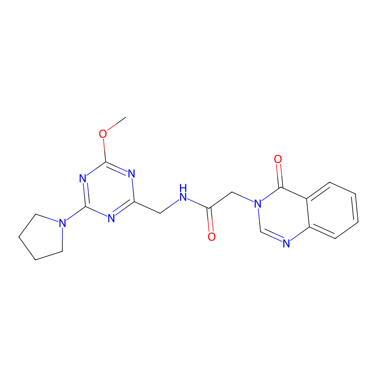N-((4-methoxy-6-(pyrrolidin-1-yl)-1,3,5-triazin-2-yl)methyl)-2-(4-oxoquinazolin-3(4H)-yl)acetamide molecular structure, CAS 2034351-90-9