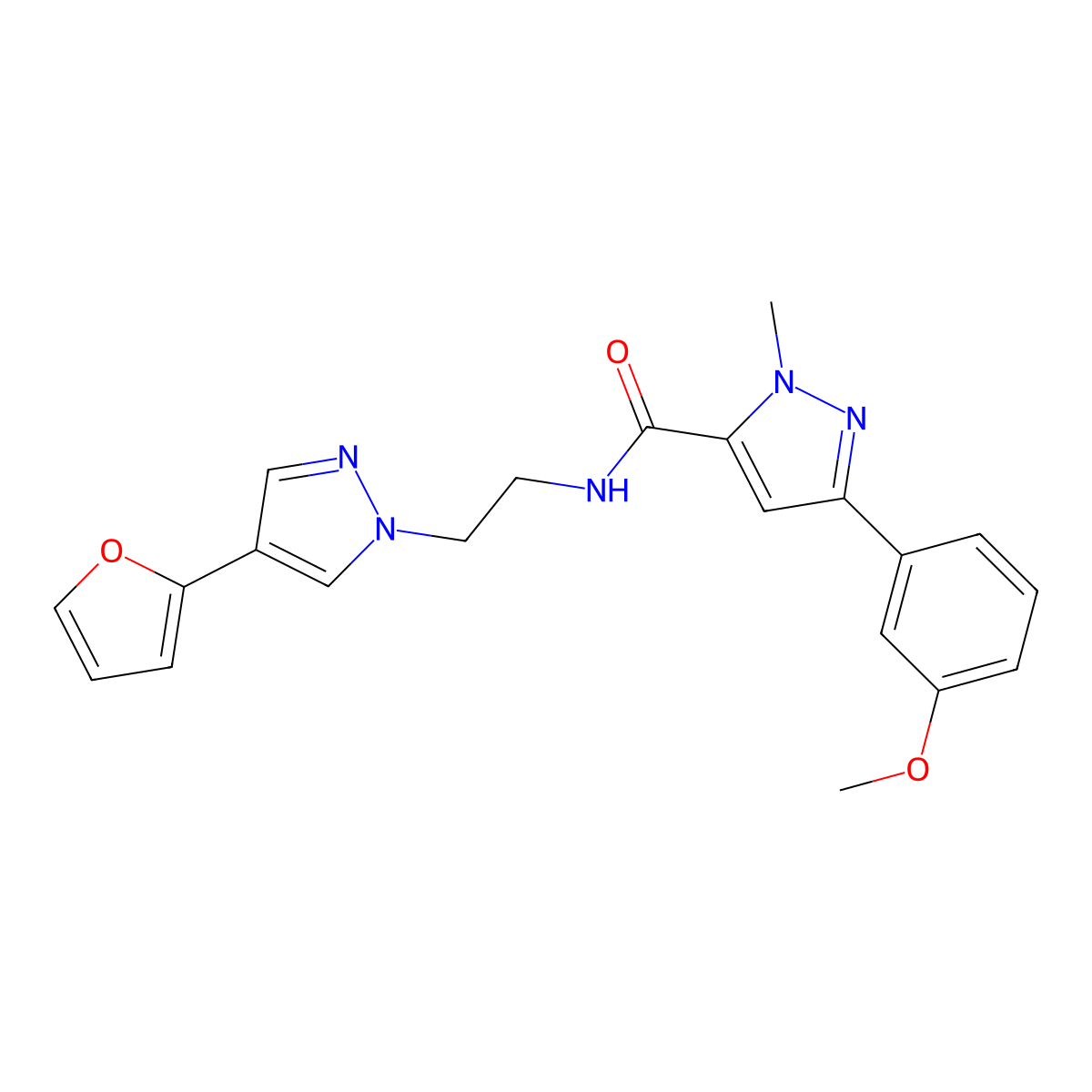 N-(2-(4-(furan-2-yl)-1H-pyrazol-1-yl)ethyl)-3-(3-methoxyphenyl)-1-methyl-1H-pyrazole-5-carboxamide molecular structure, CAS 2034352-00-4