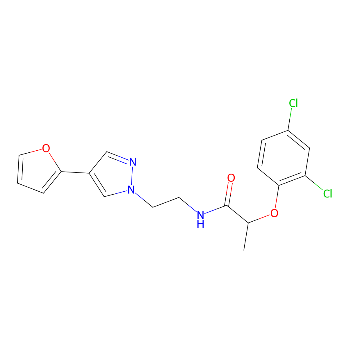 2-(2,4-dichlorophenoxy)-N-(2-(4-(furan-2-yl)-1H-pyrazol-1-yl)ethyl)propanamide molecular structure, CAS 2034352-04-8