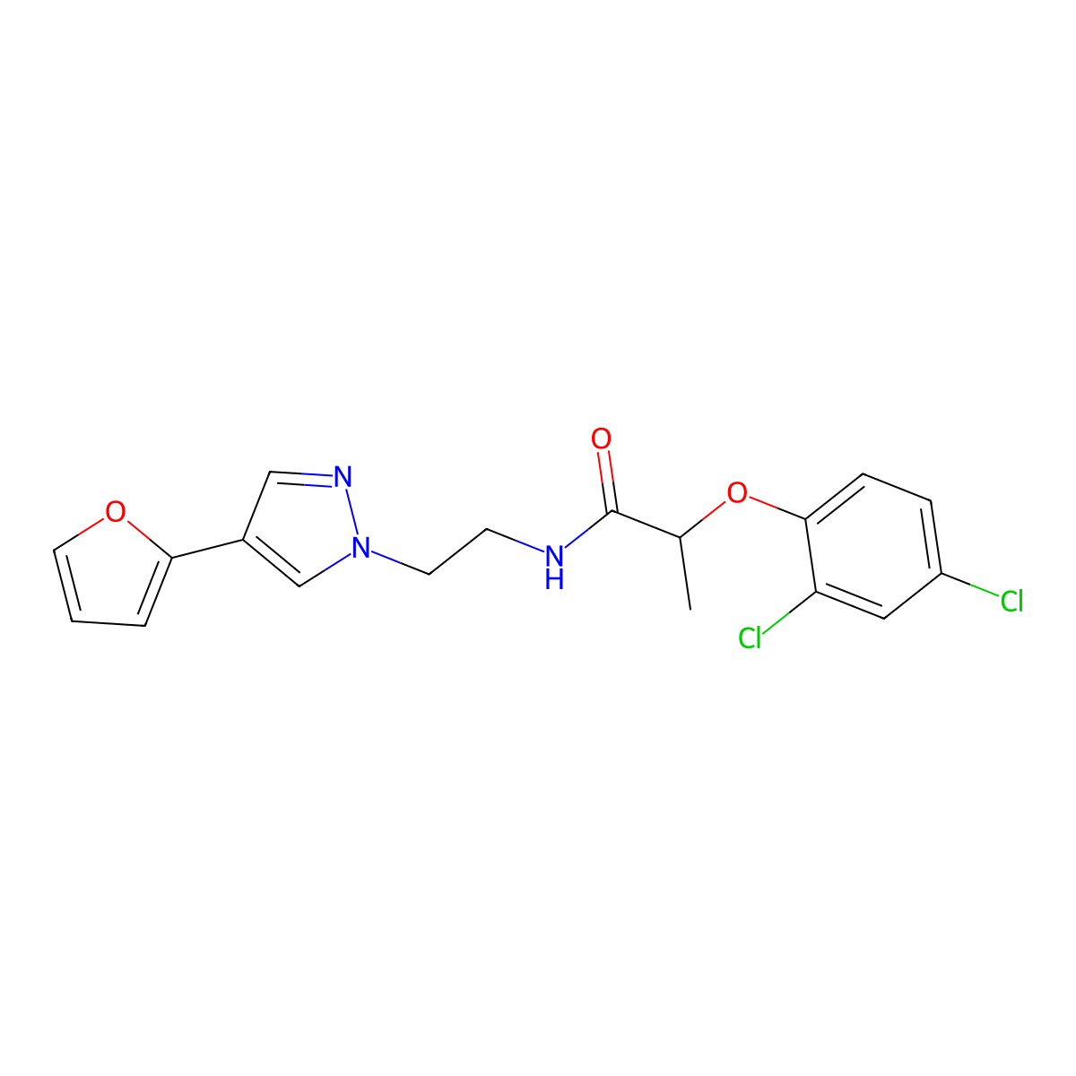 2-(2,4-dichlorophenoxy)-N-(2-(4-(furan-2-yl)-1H-pyrazol-1-yl)ethyl)propanamide molecular structure, CAS 2034352-04-8
