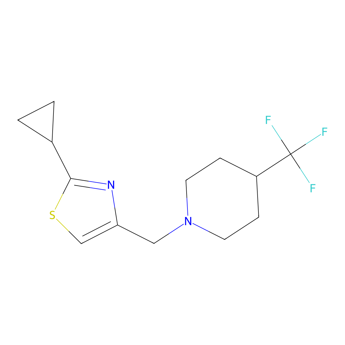 2-Cyclopropyl-4-((4-(trifluoromethyl)piperidin-1-yl)methyl)thiazole molecular structure, CAS 2034352-05-9