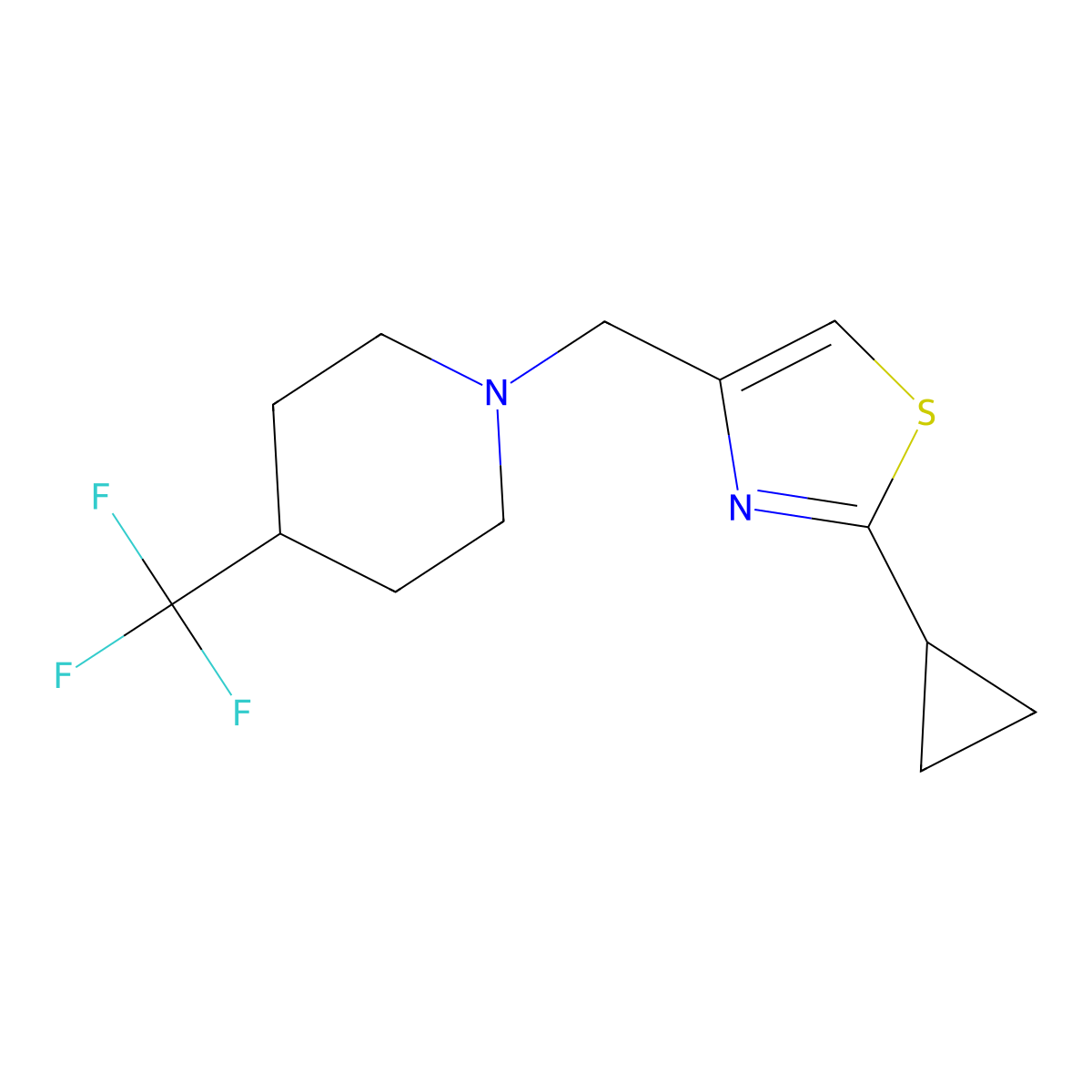 2-Cyclopropyl-4-((4-(trifluoromethyl)piperidin-1-yl)methyl)thiazole molecular structure, CAS 2034352-05-9