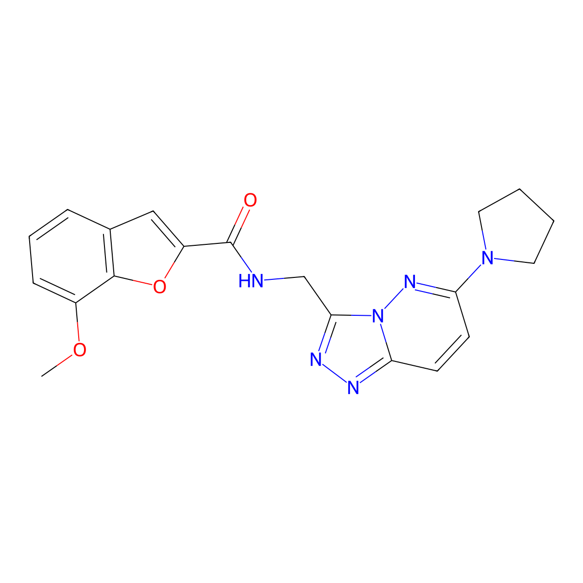 7-methoxy-N-((6-(pyrrolidin-1-yl)-[1,2,4]triazolo[4,3-b]pyridazin-3-yl)methyl)benzofuran-2-carboxamide molecular structure, CAS 2034352-06-0