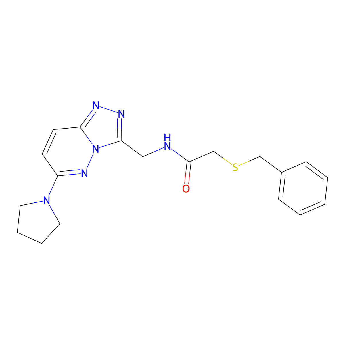 2-(benzylthio)-N-((6-(pyrrolidin-1-yl)-[1,2,4]triazolo[4,3-b]pyridazin-3-yl)methyl)acetamide molecular structure, CAS 2034352-17-3