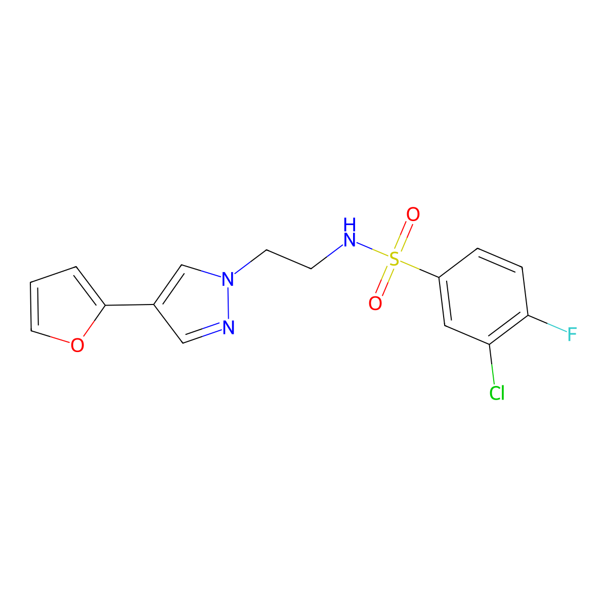 3-chloro-4-fluoro-N-{2-[4-(furan-2-yl)-1H-pyrazol-1-yl]ethyl}benzene-1-sulfonamide molecular structure, CAS 2034352-48-0