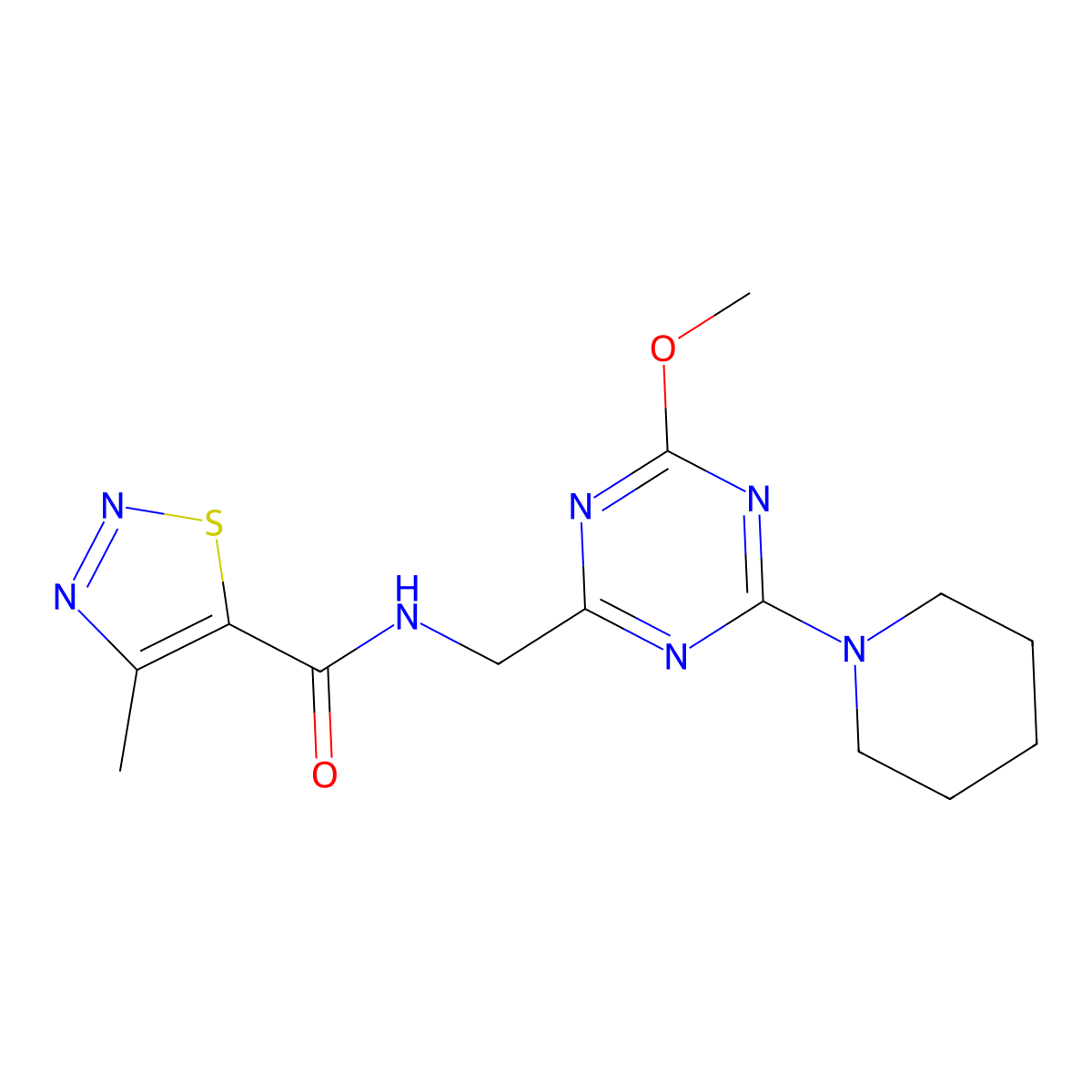 N-{[4-methoxy-6-(piperidin-1-yl)-1,3,5-triazin-2-yl]methyl}-4-methyl-1,2,3-thiadiazole-5-carboxamide molecular structure, CAS 2034352-57-1