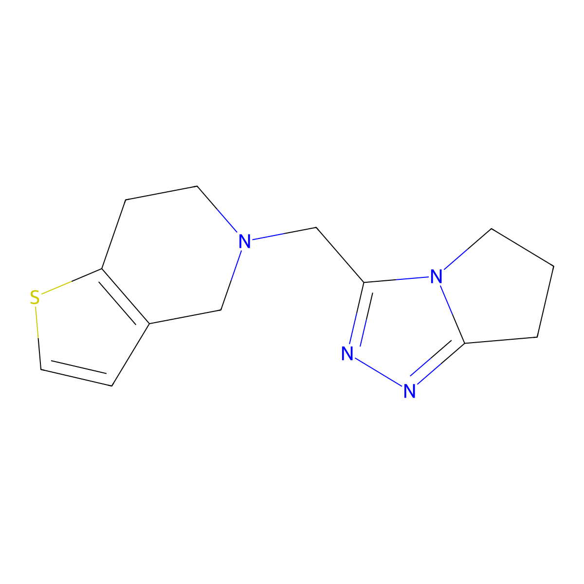 5-((6,7-dihydro-5H-pyrrolo[2,1-c][1,2,4]triazol-3-yl)methyl)-4,5,6,7-tetrahydrothieno[3,2-c]pyridine molecular structure, CAS 2034352-59-3