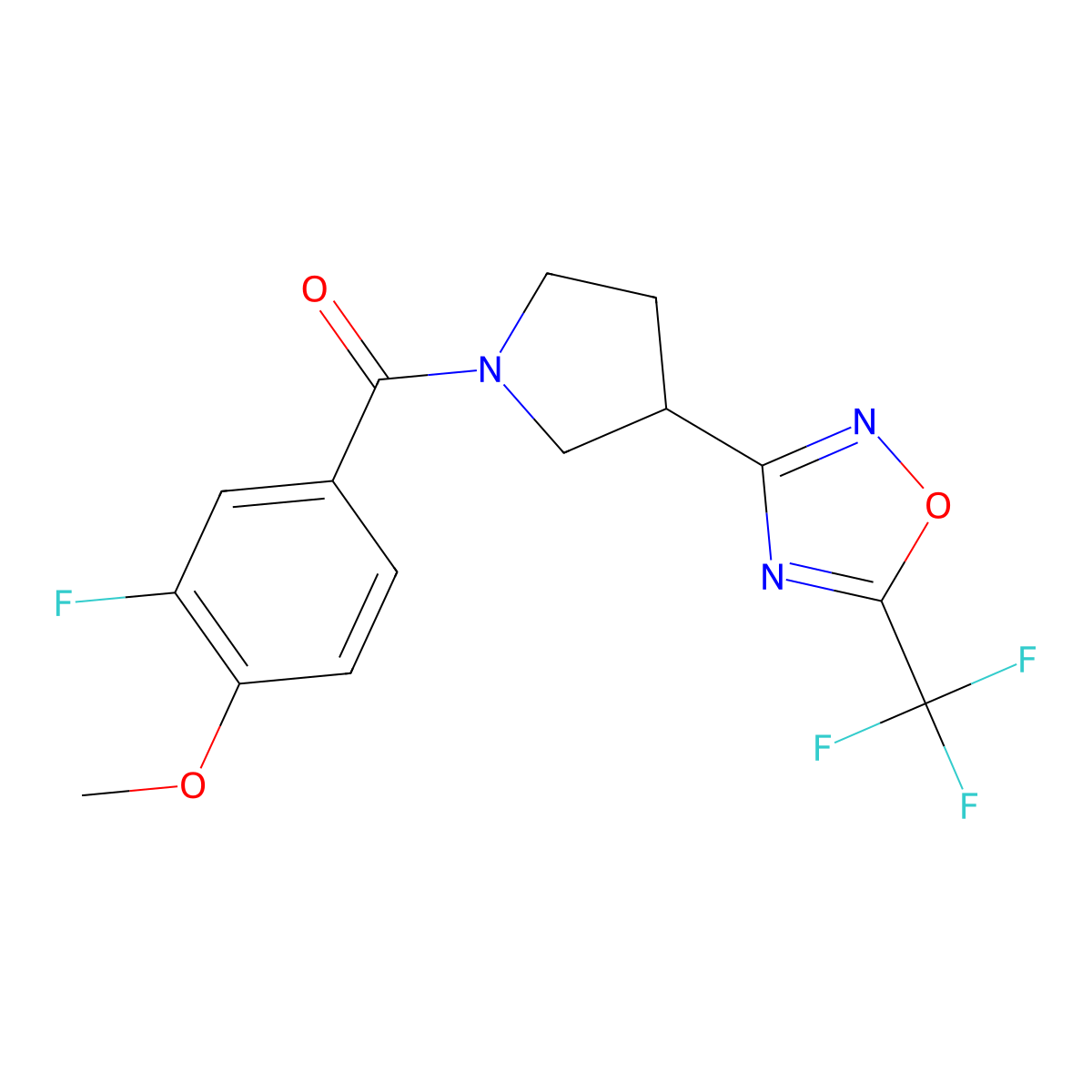 (3-Fluoro-4-methoxyphenyl)(3-(5-(trifluoromethyl)-1,2,4-oxadiazol-3-yl)pyrrolidin-1-yl)methanone molecular structure, CAS 2034352-61-7