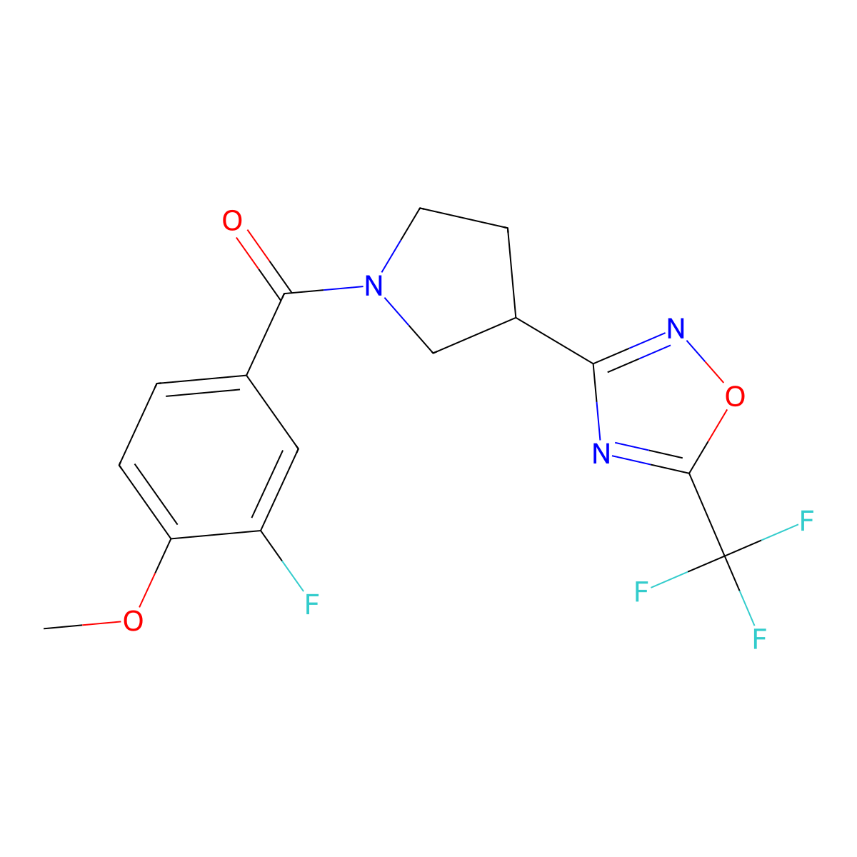 (3-Fluoro-4-methoxyphenyl)(3-(5-(trifluoromethyl)-1,2,4-oxadiazol-3-yl)pyrrolidin-1-yl)methanone molecular structure, CAS 2034352-61-7