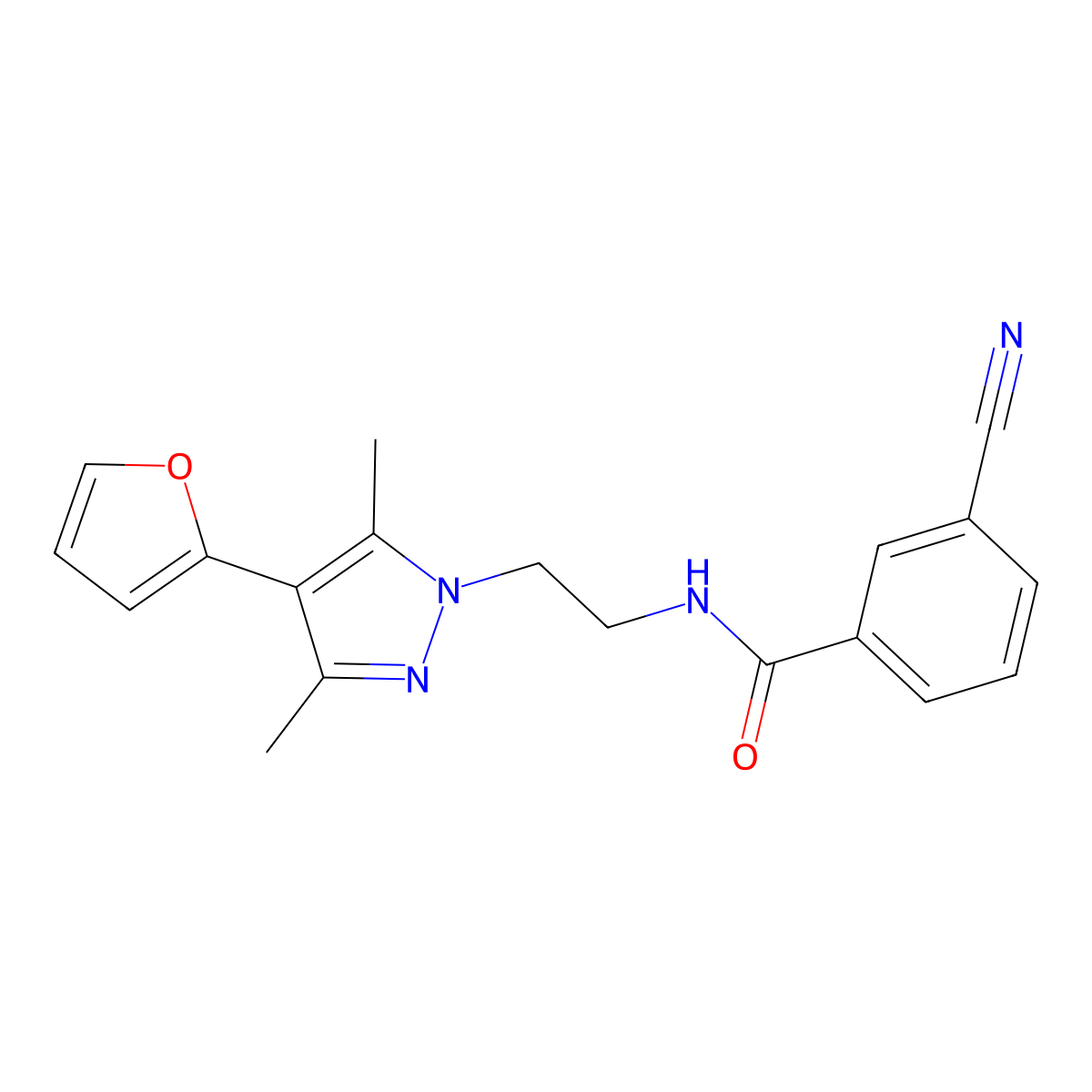 3-cyano-N-(2-(4-(furan-2-yl)-3,5-dimethyl-1H-pyrazol-1-yl)ethyl)benzamide molecular structure, CAS 2034352-62-8