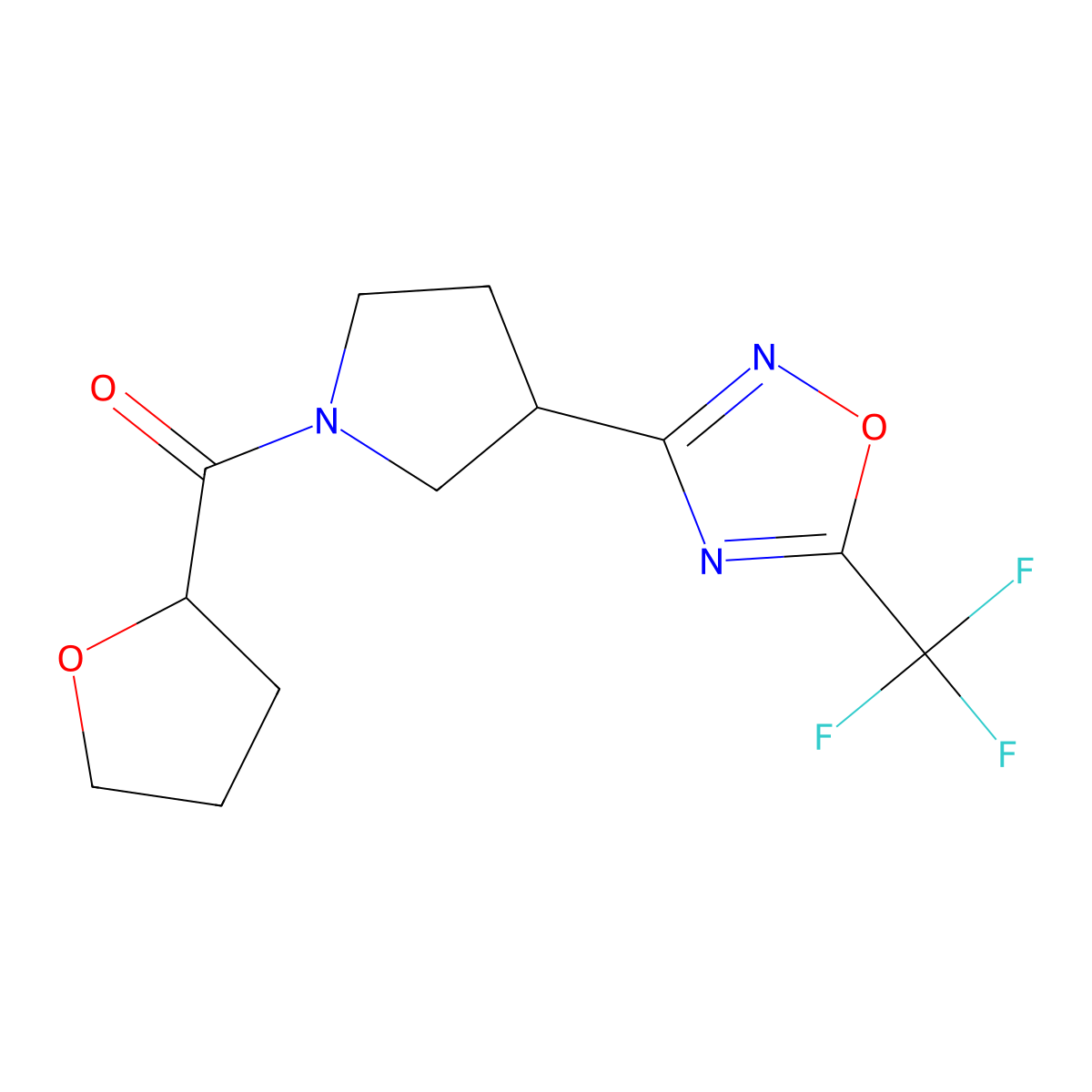(Tetrahydrofuran-2-yl)(3-(5-(trifluoromethyl)-1,2,4-oxadiazol-3-yl)pyrrolidin-1-yl)methanone molecular structure, CAS 2034352-69-5