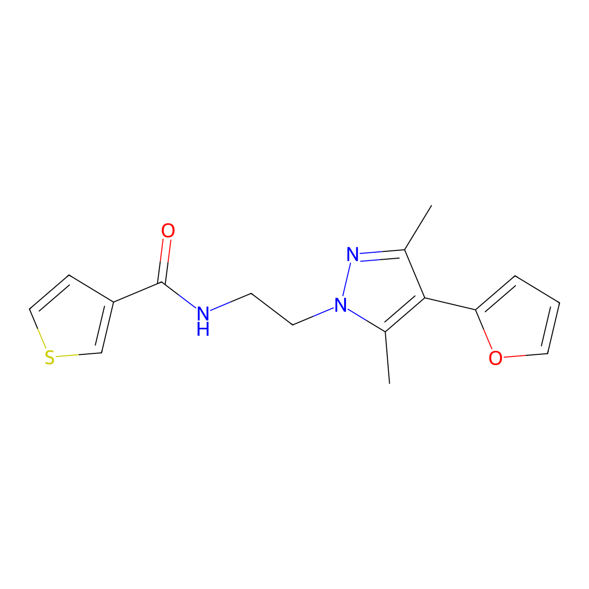 N-(2-(4-(furan-2-yl)-3,5-dimethyl-1H-pyrazol-1-yl)ethyl)thiophene-3-carboxamide molecular structure, CAS 2034352-78-6