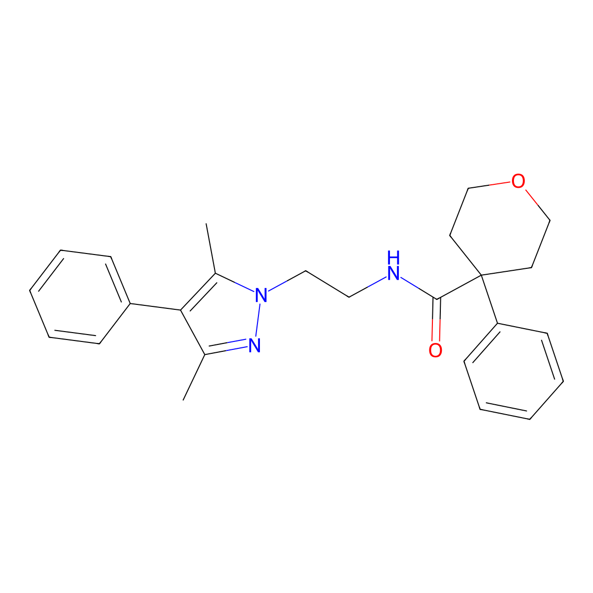 N-[2-(3,5-dimethyl-4-phenyl-1H-pyrazol-1-yl)ethyl]-4-phenyloxane-4-carboxamide molecular structure, CAS 2034352-80-0