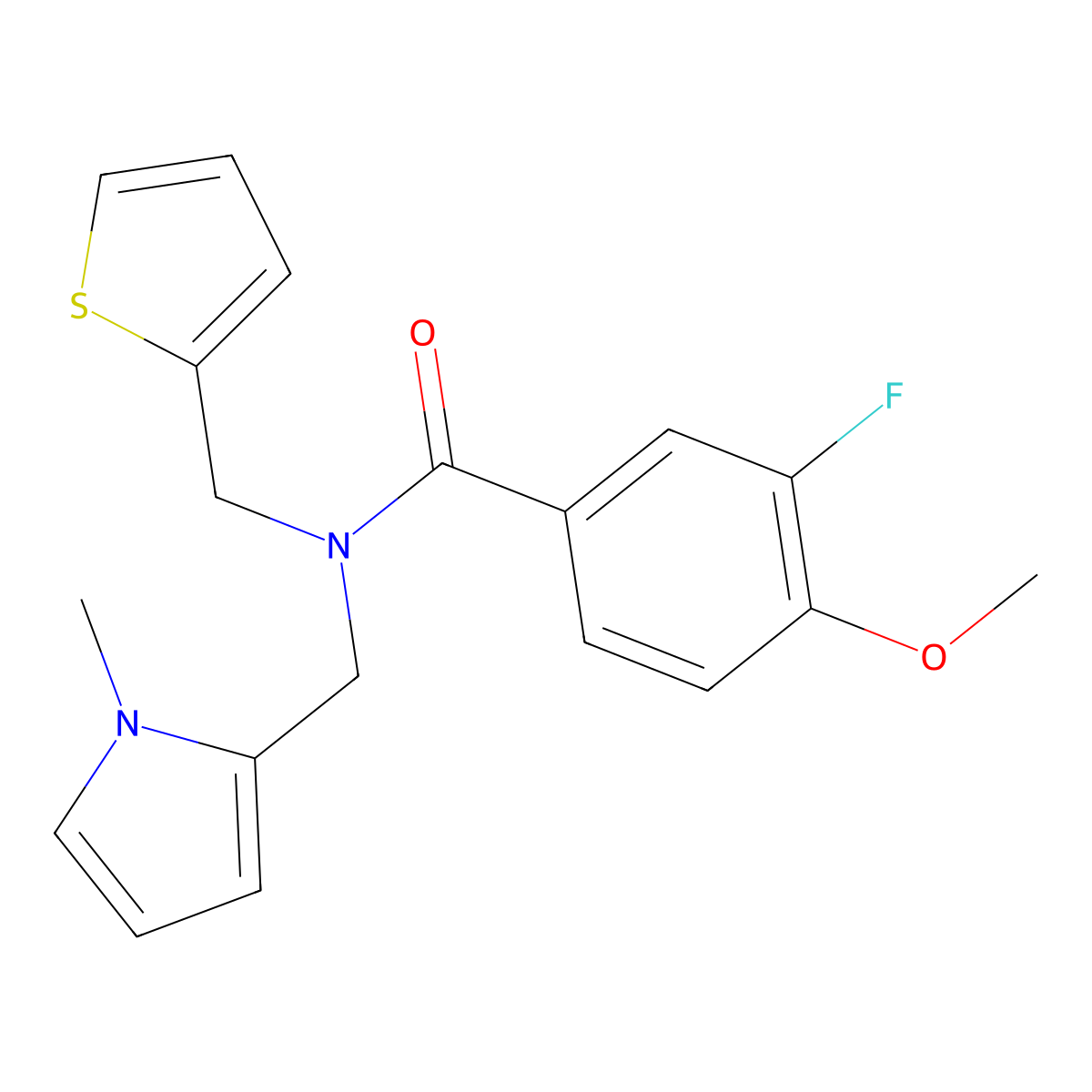 3-fluoro-4-methoxy-N-((1-methyl-1H-pyrrol-2-yl)methyl)-N-(thiophen-2-ylmethyl)benzamide molecular structure, CAS 2034352-87-7