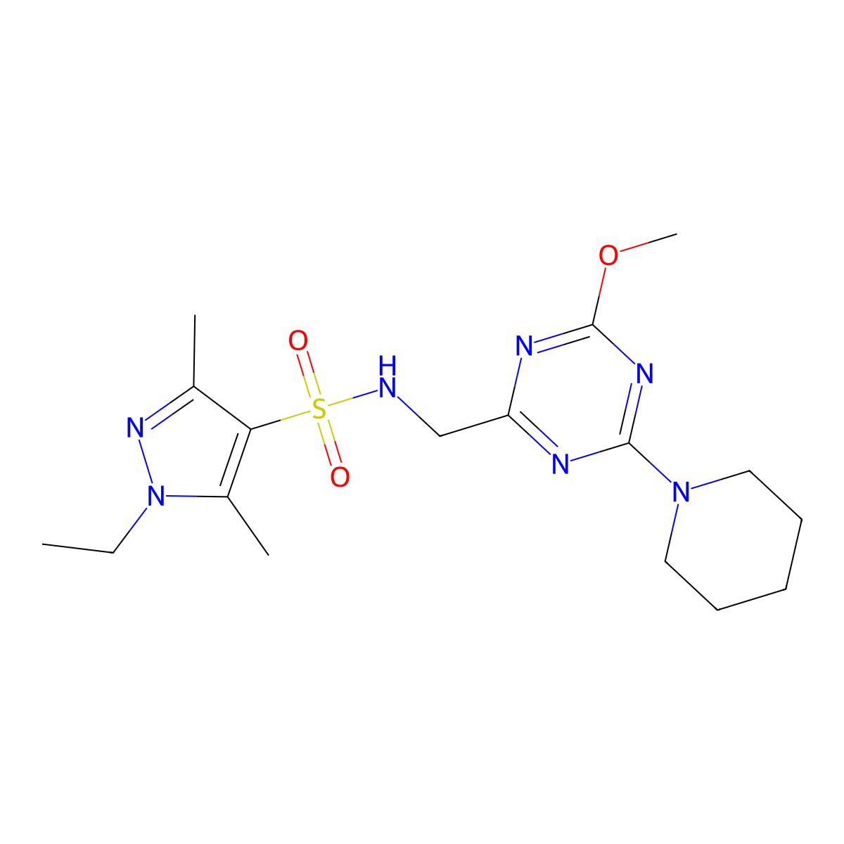 1-ethyl-N-((4-methoxy-6-(piperidin-1-yl)-1,3,5-triazin-2-yl)methyl)-3,5-dimethyl-1H-pyrazole-4-sulfonamide molecular structure, CAS 2034352-98-0