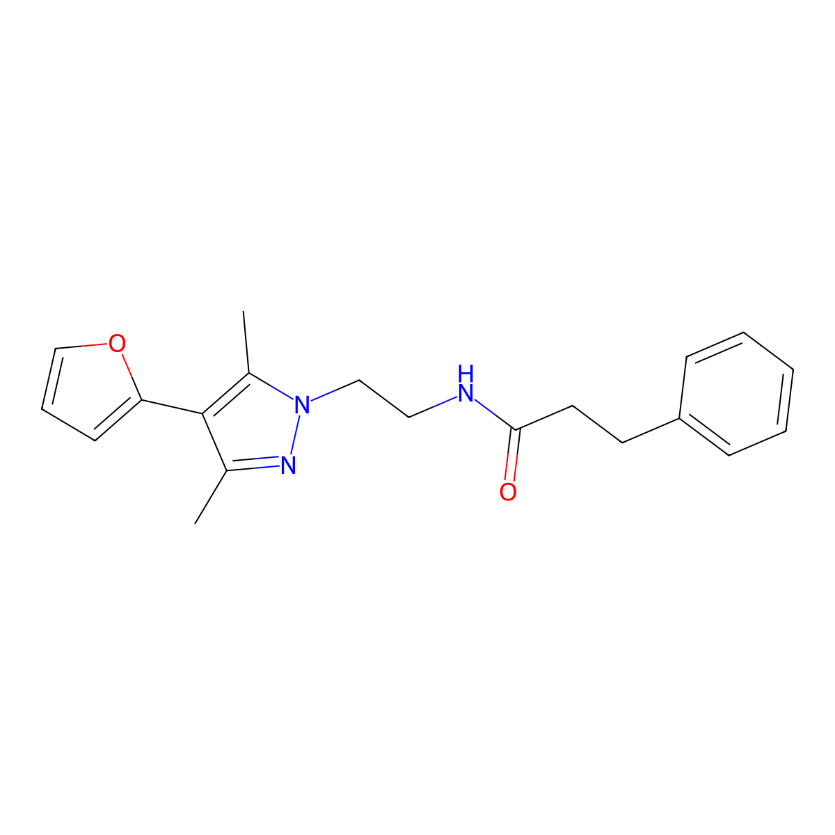 N-{2-[4-(furan-2-yl)-3,5-dimethyl-1H-pyrazol-1-yl]ethyl}-3-phenylpropanamide molecular structure, CAS 2034352-99-1
