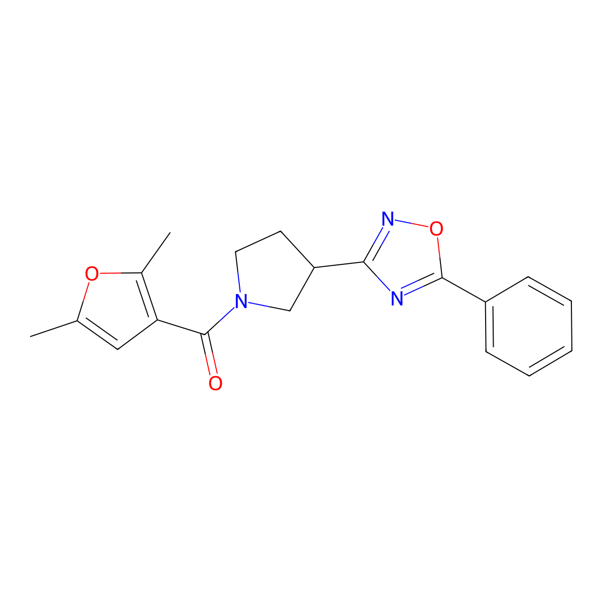 (2,5-Dimethylfuran-3-yl)(3-(5-phenyl-1,2,4-oxadiazol-3-yl)pyrrolidin-1-yl)methanone molecular structure, CAS 2034353-05-2