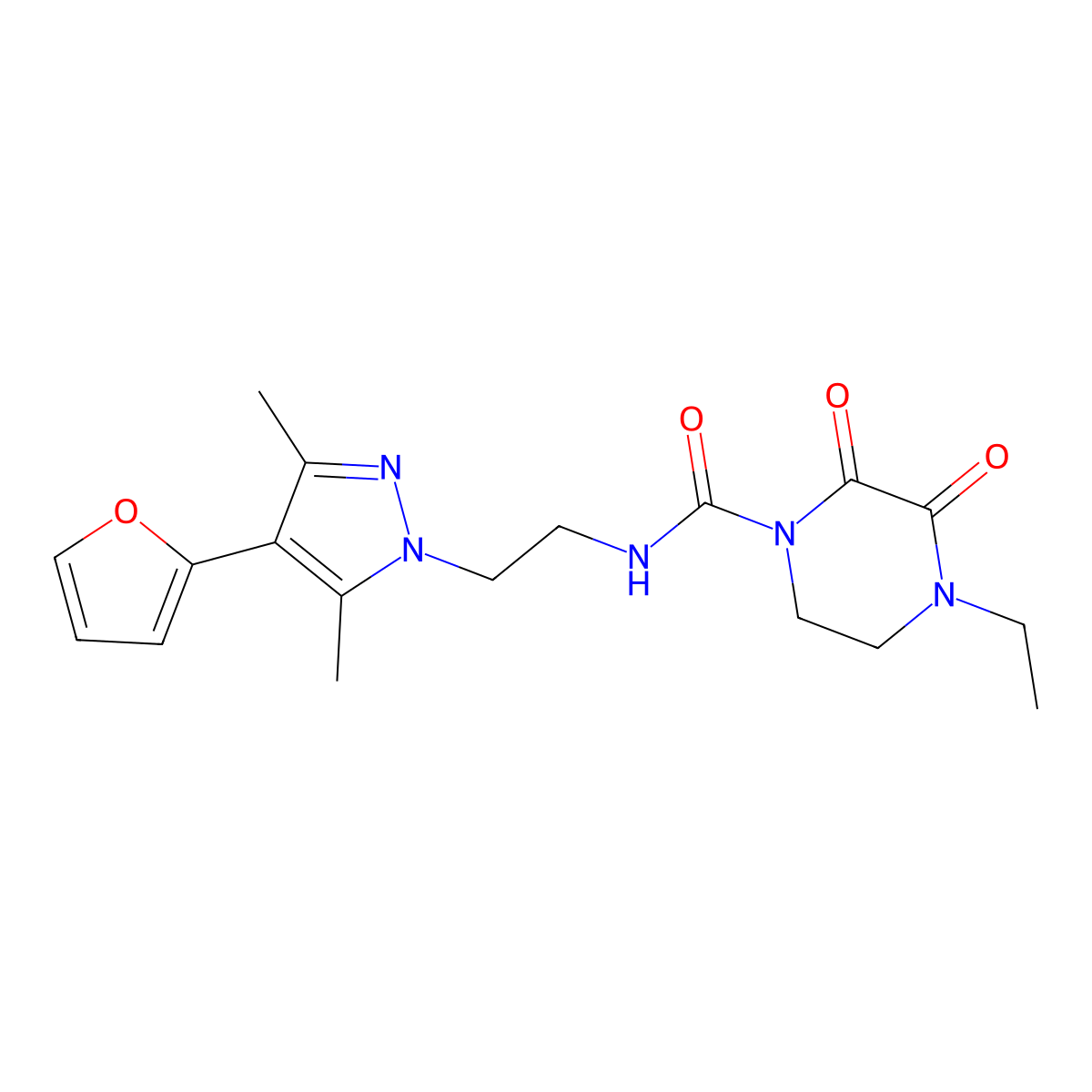 4-ethyl-N-{2-[4-(furan-2-yl)-3,5-dimethyl-1H-pyrazol-1-yl]ethyl}-2,3-dioxopiperazine-1-carboxamide molecular structure, CAS 2034353-09-6