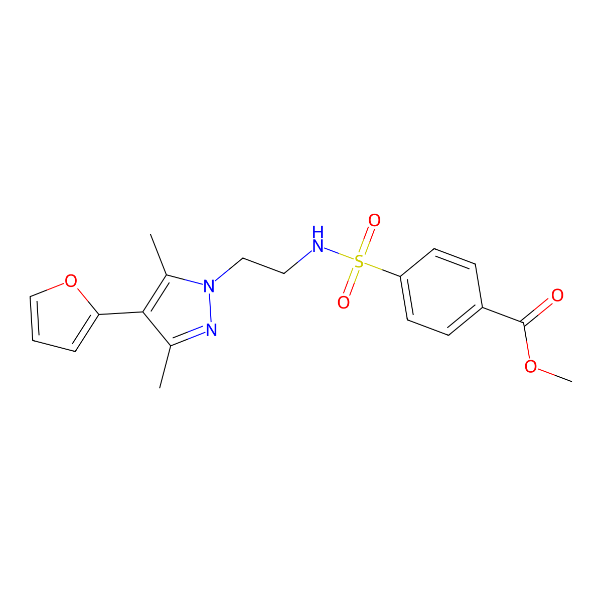 methyl 4-(N-(2-(4-(furan-2-yl)-3,5-dimethyl-1H-pyrazol-1-yl)ethyl)sulfamoyl)benzoate molecular structure, CAS 2034353-13-2
