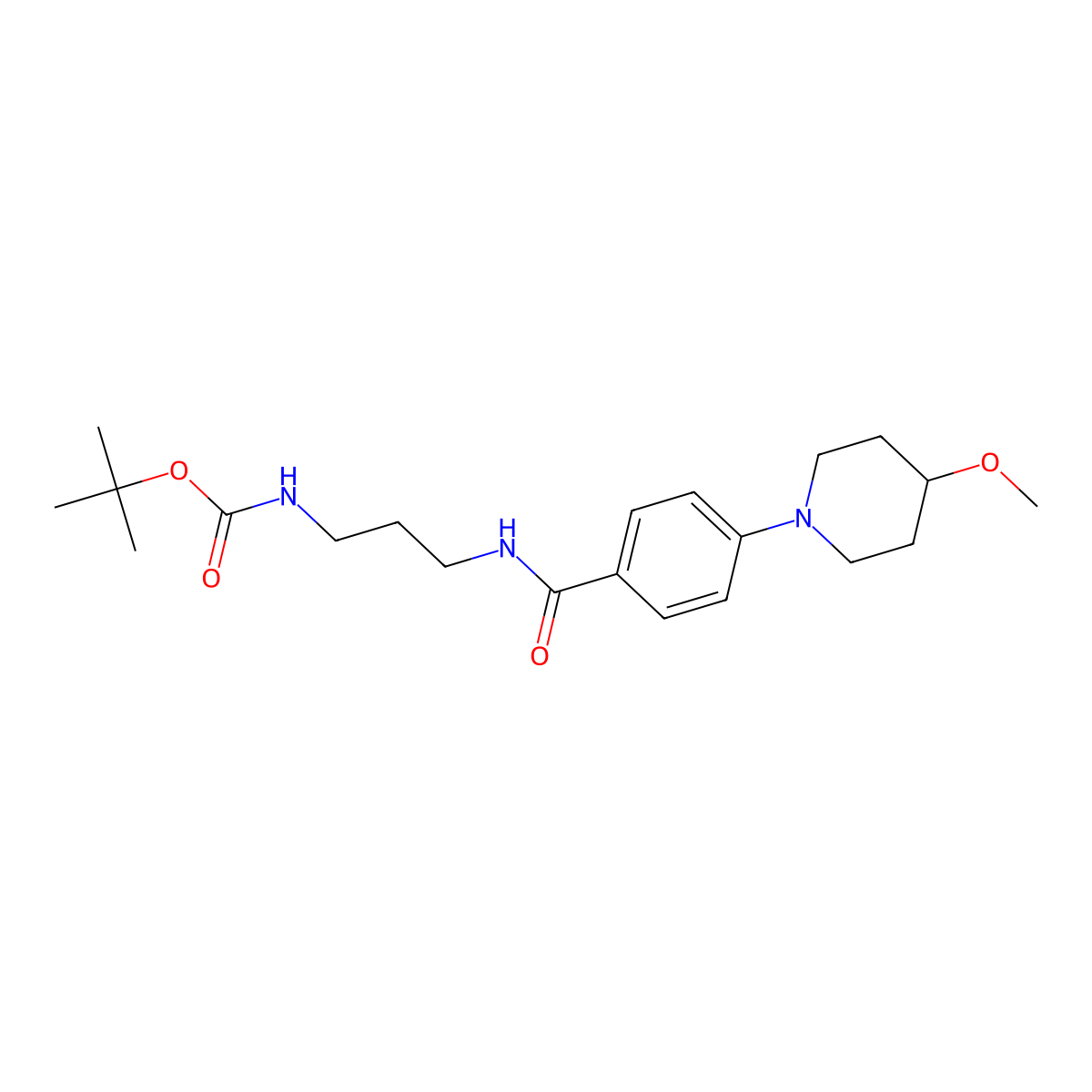 Tert-butyl (3-(4-(4-methoxypiperidin-1-yl)benzamido)propyl)carbamate molecular structure, CAS 2034353-27-8