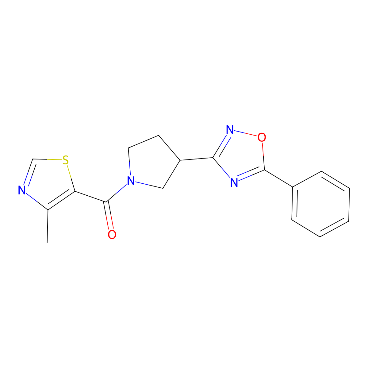 (4-Methylthiazol-5-yl)(3-(5-phenyl-1,2,4-oxadiazol-3-yl)pyrrolidin-1-yl)methanone molecular structure, CAS 2034353-49-4