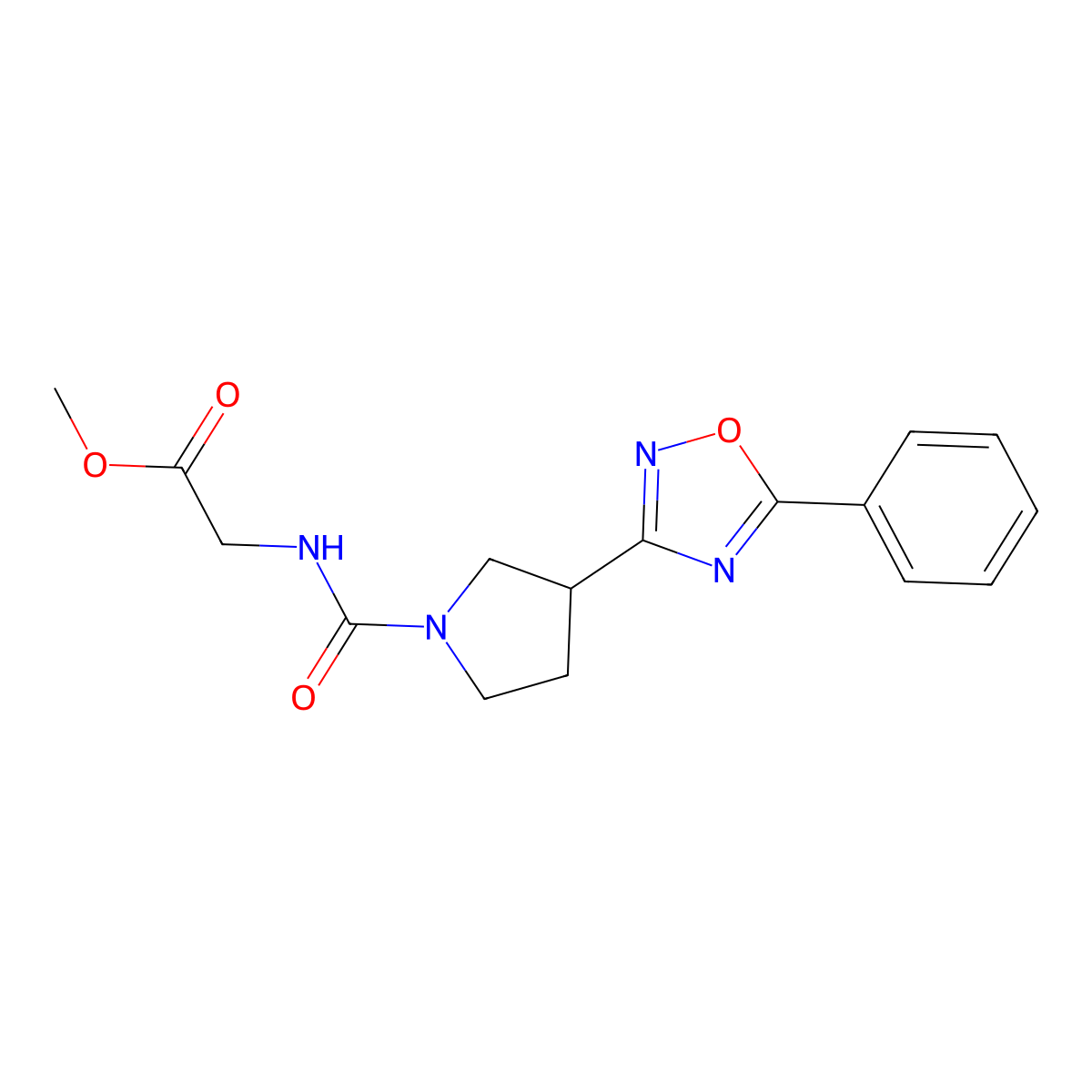 Methyl 2-(3-(5-phenyl-1,2,4-oxadiazol-3-yl)pyrrolidine-1-carboxamido)acetate molecular structure, CAS 2034353-55-2