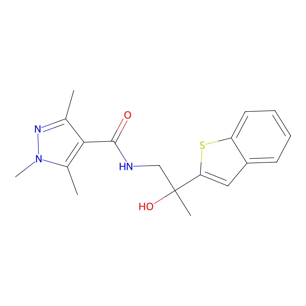 N-(2-(benzo[b]thiophen-2-yl)-2-hydroxypropyl)-1,3,5-trimethyl-1H-pyrazole-4-carboxamide molecular structure, CAS 2034353-70-1