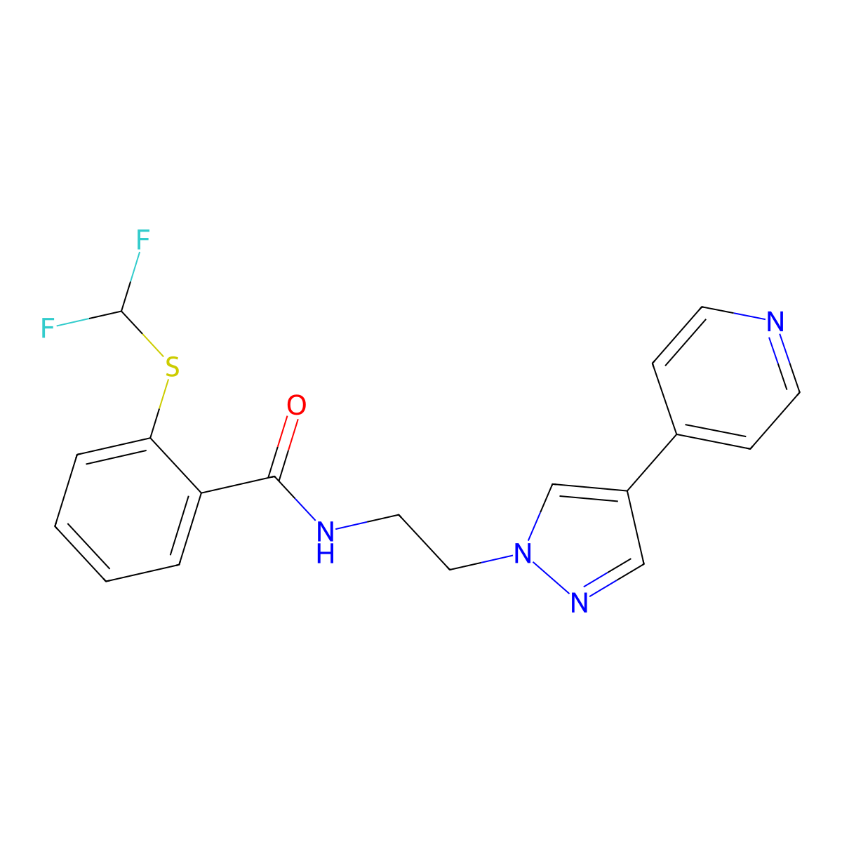 2-[(difluoromethyl)sulfanyl]-N-{2-[4-(pyridin-4-yl)-1H-pyrazol-1-yl]ethyl}benzamide molecular structure, CAS 2034353-81-4