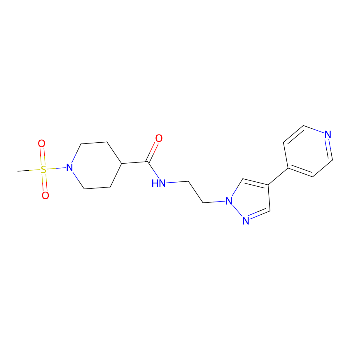 1-methanesulfonyl-N-{2-[4-(pyridin-4-yl)-1H-pyrazol-1-yl]ethyl}piperidine-4-carboxamide molecular structure, CAS 2034353-87-0