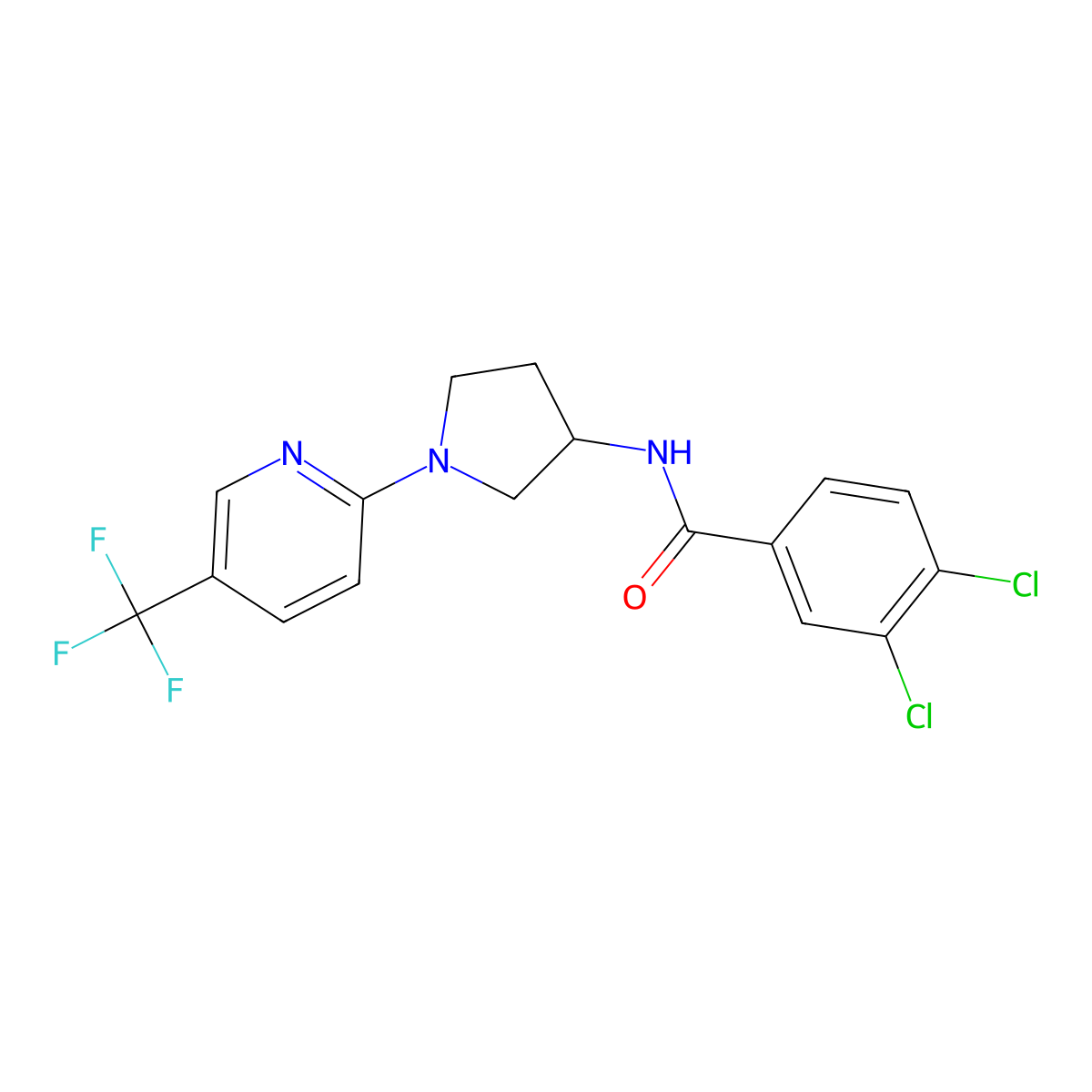 3,4-dichloro-N-(1-(5-(trifluoromethyl)pyridin-2-yl)pyrrolidin-3-yl)benzamide molecular structure, CAS 2034353-98-3