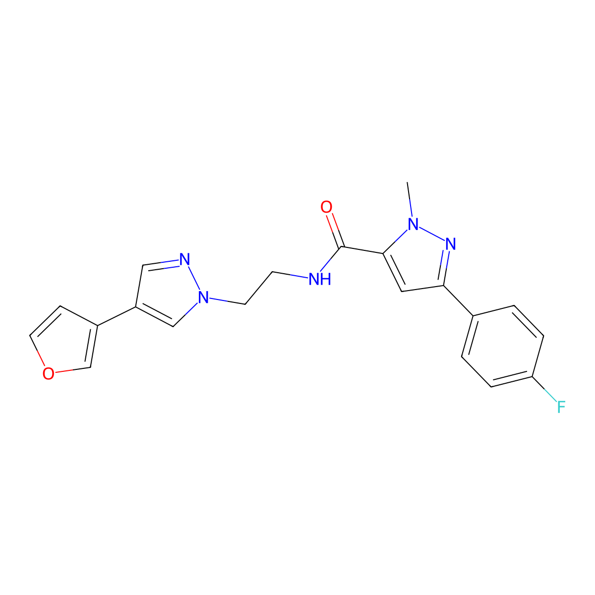 3-(4-fluorophenyl)-N-(2-(4-(furan-3-yl)-1H-pyrazol-1-yl)ethyl)-1-methyl-1H-pyrazole-5-carboxamide molecular structure, CAS 2034354-13-5