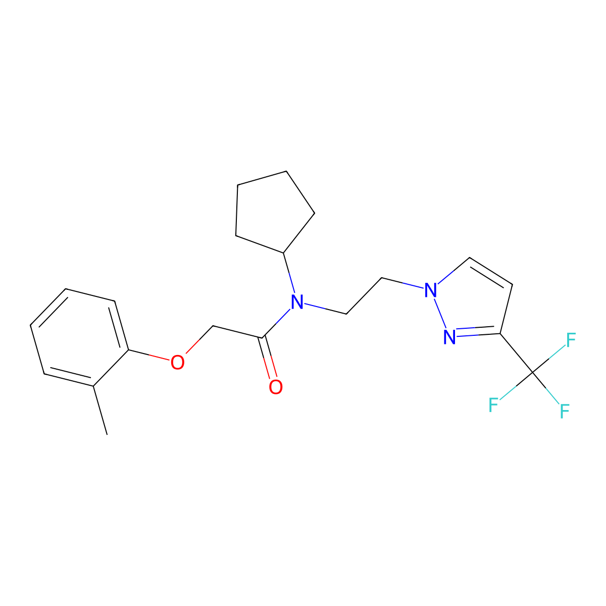 N-cyclopentyl-2-(o-tolyloxy)-N-(2-(3-(trifluoromethyl)-1H-pyrazol-1-yl)ethyl)acetamide molecular structure, CAS 2034354-65-7