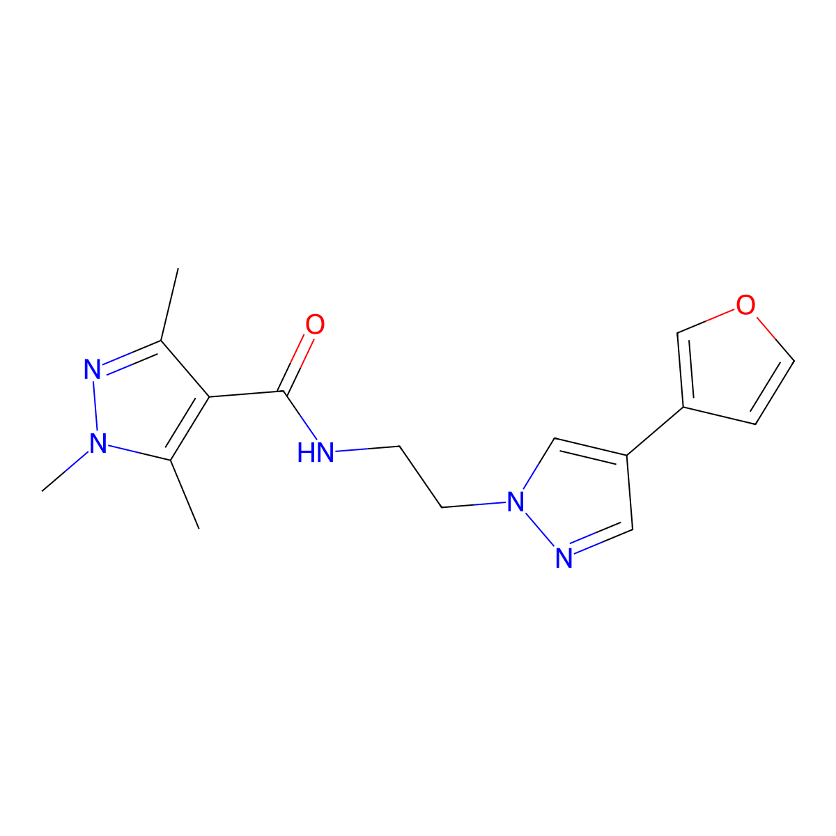 N-(2-(4-(furan-3-yl)-1H-pyrazol-1-yl)ethyl)-1,3,5-trimethyl-1H-pyrazole-4-carboxamide molecular structure, CAS 2034354-68-0