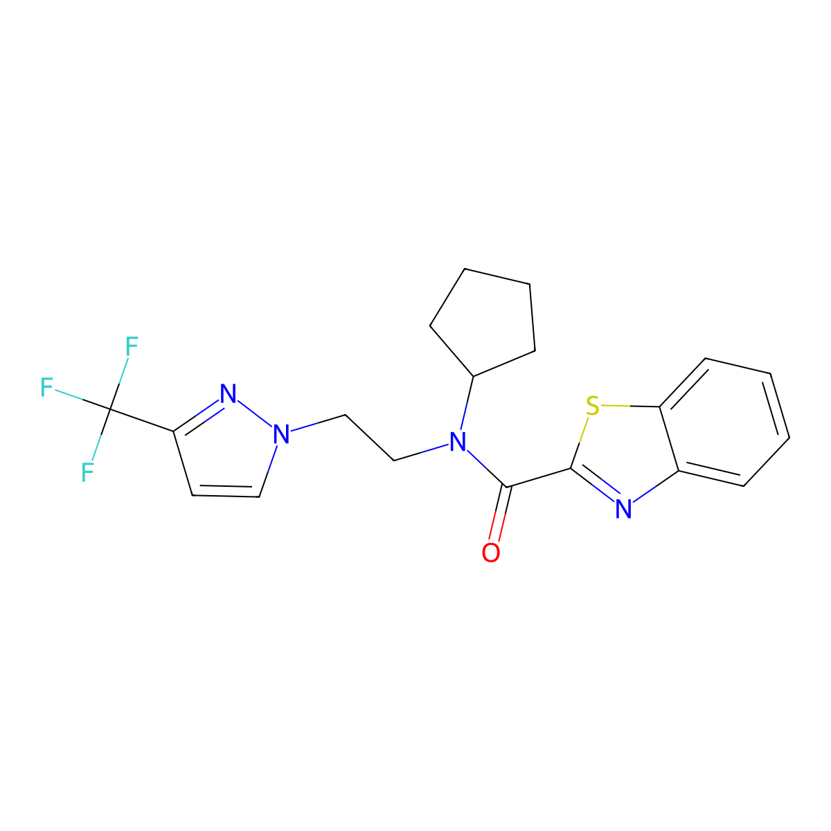 N-cyclopentyl-N-(2-(3-(trifluoromethyl)-1H-pyrazol-1-yl)ethyl)benzo[d]thiazole-2-carboxamide molecular structure, CAS 2034354-84-0