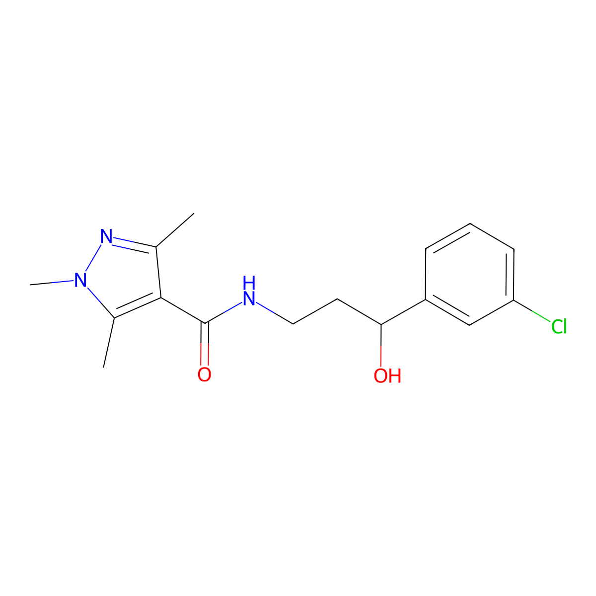 N-(3-(3-chlorophenyl)-3-hydroxypropyl)-1,3,5-trimethyl-1H-pyrazole-4-carboxamide molecular structure, CAS 2034354-85-1