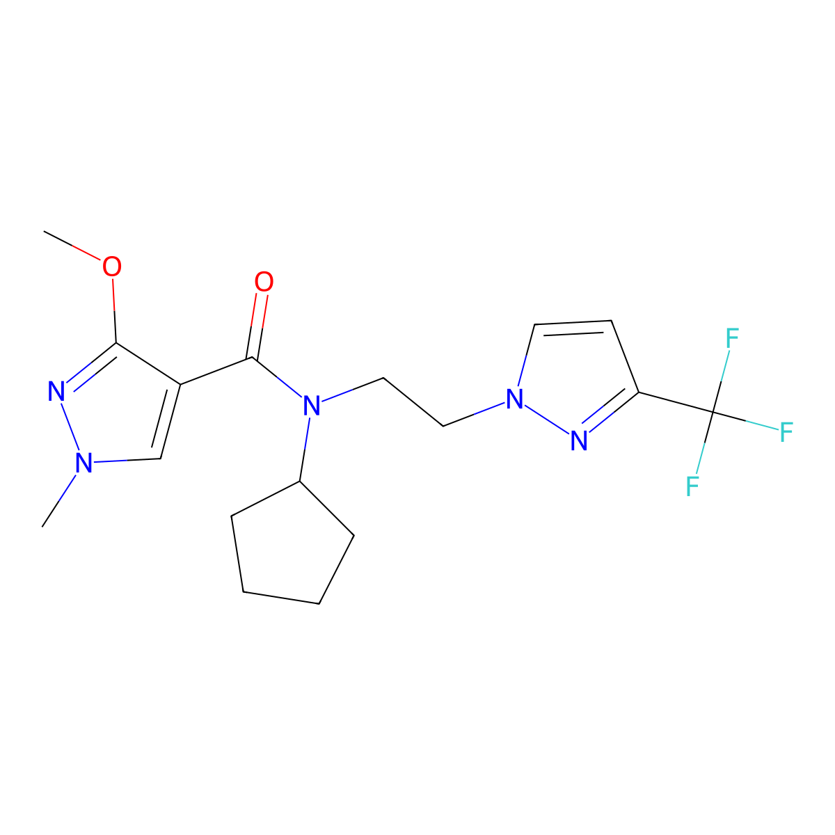 N-cyclopentyl-3-methoxy-1-methyl-N-{2-[3-(trifluoromethyl)-1H-pyrazol-1-yl]ethyl}-1H-pyrazole-4-carboxamide molecular structure, CAS 2034354-89-5