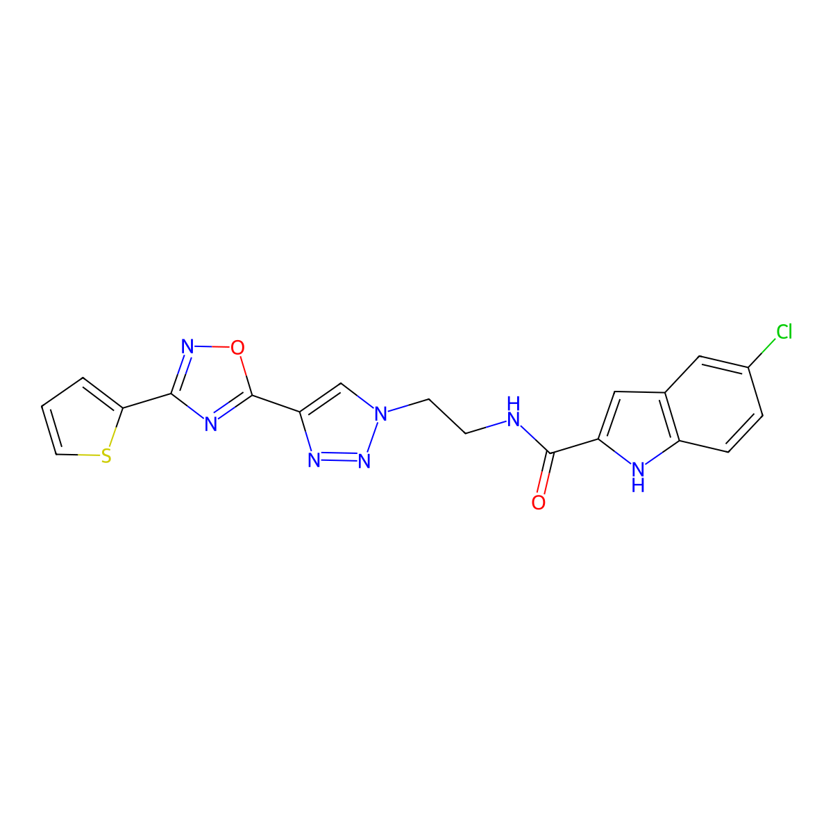 5-chloro-N-(2-(4-(3-(thiophen-2-yl)-1,2,4-oxadiazol-5-yl)-1H-1,2,3-triazol-1-yl)ethyl)-1H-indole-2-carboxamide molecular structure, CAS 2034354-93-1