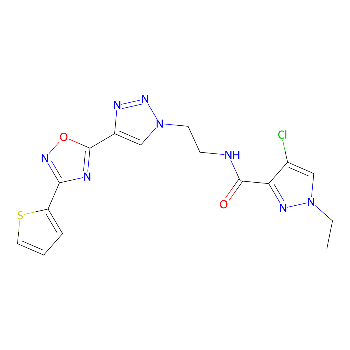 4-chloro-1-ethyl-N-(2-(4-(3-(thiophen-2-yl)-1,2,4-oxadiazol-5-yl)-1H-1,2,3-triazol-1-yl)ethyl)-1H-pyrazole-3-carboxamide molecular structure, CAS 2034355-01-4