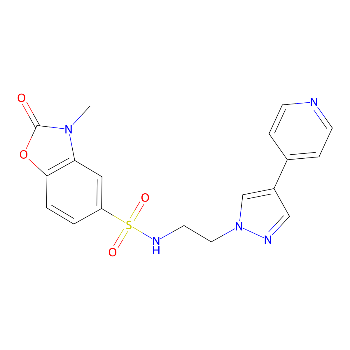3-methyl-2-oxo-N-{2-[4-(pyridin-4-yl)-1H-pyrazol-1-yl]ethyl}-2,3-dihydro-1,3-benzoxazole-5-sulfonamide molecular structure, CAS 2034355-04-7